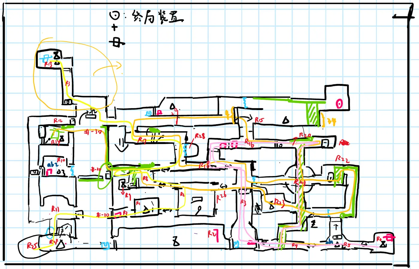 手绘地图草图：全图拓扑，用彩色线标出几条主要路线